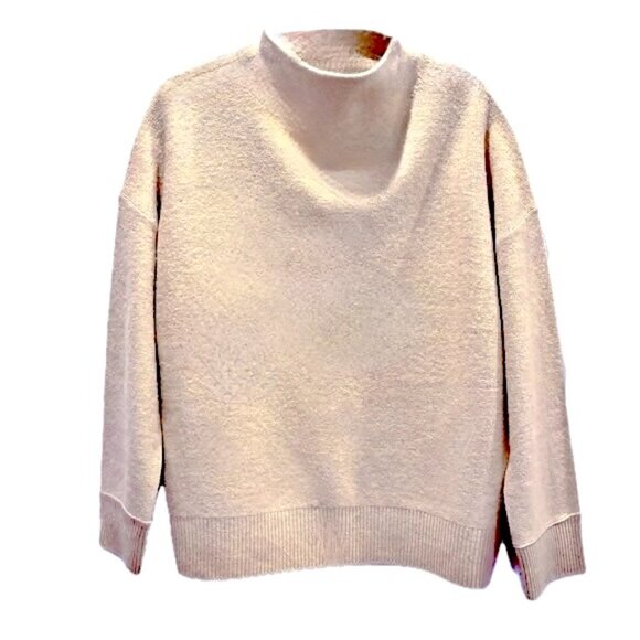 TAHARI Cashmere Oversize Fit Sweater Mock Neck Banded Cuff/Hem Beige Wm Sz L NEW - Picture 4 of 10